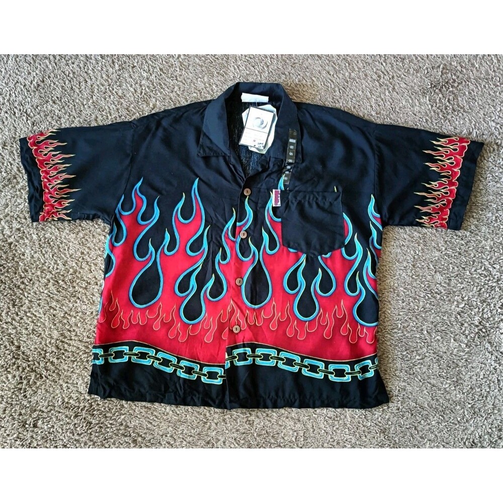 Vintage Uluwatu Hawaiian Button Down Shirt Kids Size 12 Black Flame Graphic...